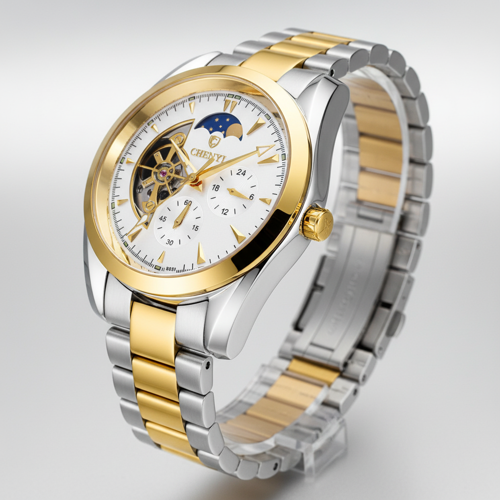 CELESTIAL ROYAL – Bicolor Herrenuhr mit Mondphase und Skeleton-Details