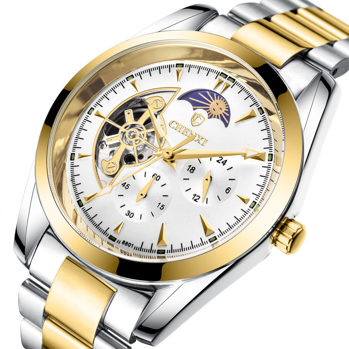 CELESTIAL ROYAL – Bicolor Herrenuhr mit Mondphase und Skeleton-Details