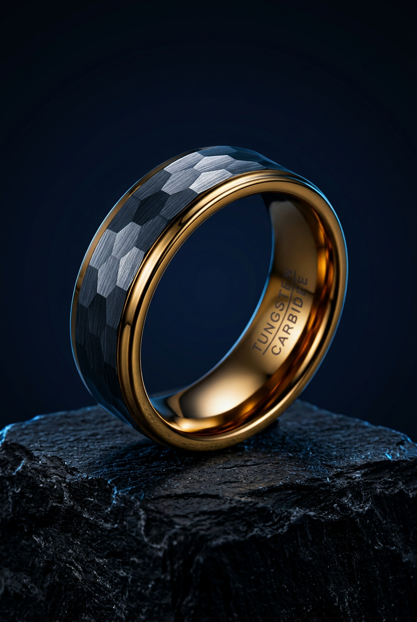 GOLDEN HONEYCOMB – Wolframring mit silbergrauer Hexagon-Struktur und vergoldeten Details
