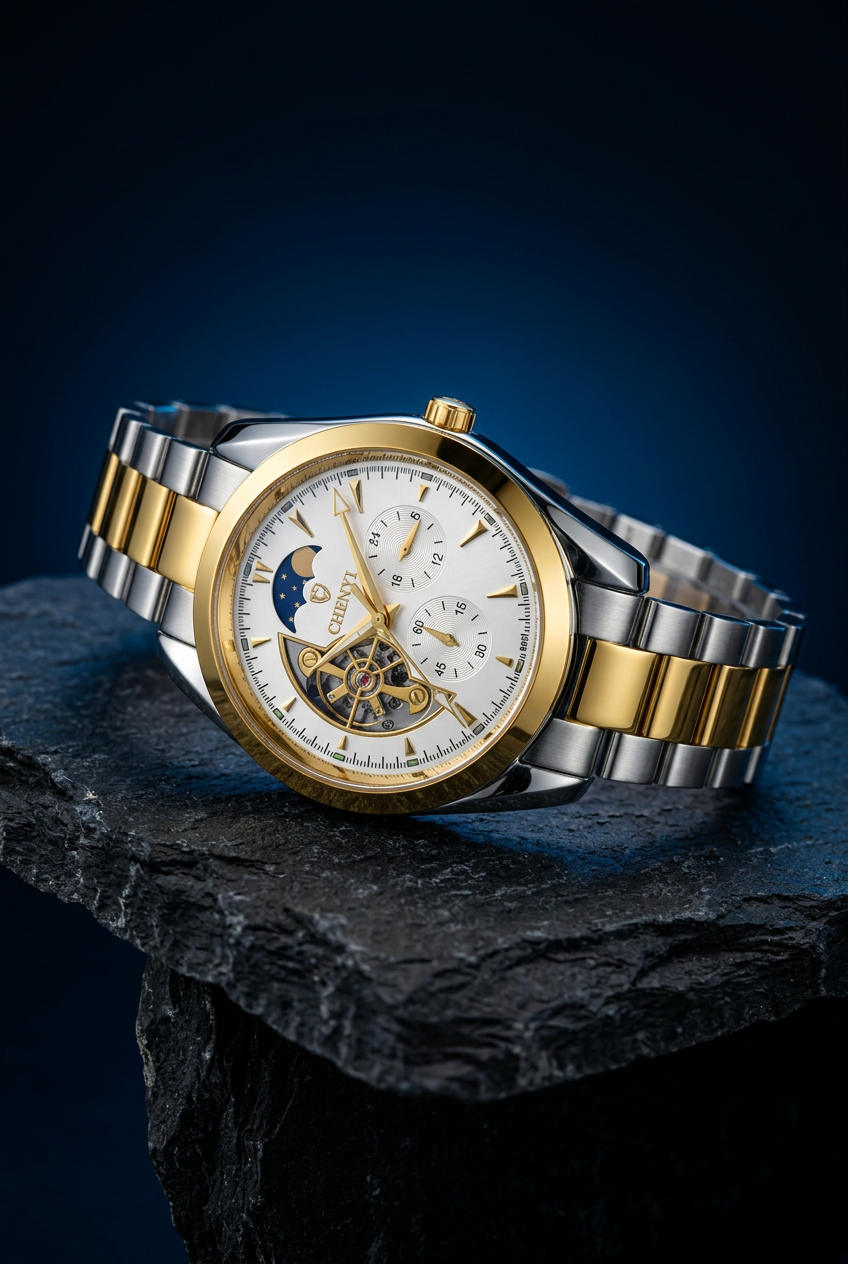 CELESTIAL ROYAL – Bicolor Herrenuhr mit Mondphase und Skeleton-Details